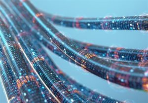 Close-up digital illustration of futuristic fiber optic cables transmitting data as glowing binary code, symbolizing ultra-high-speed internet connections like Japan's 1.02 petabit per second achievement