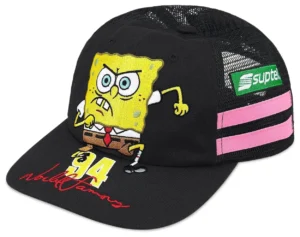 Black Supreme mesh back 6-panel cap featuring SpongeBob SquarePants embroidery and Jeff Hamilton signature details