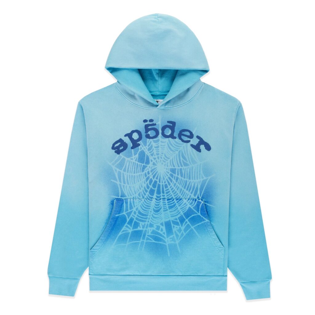 Light blue Sp5der OG Web V2 Spray Hoodie set with spiderweb spray design on front and legs