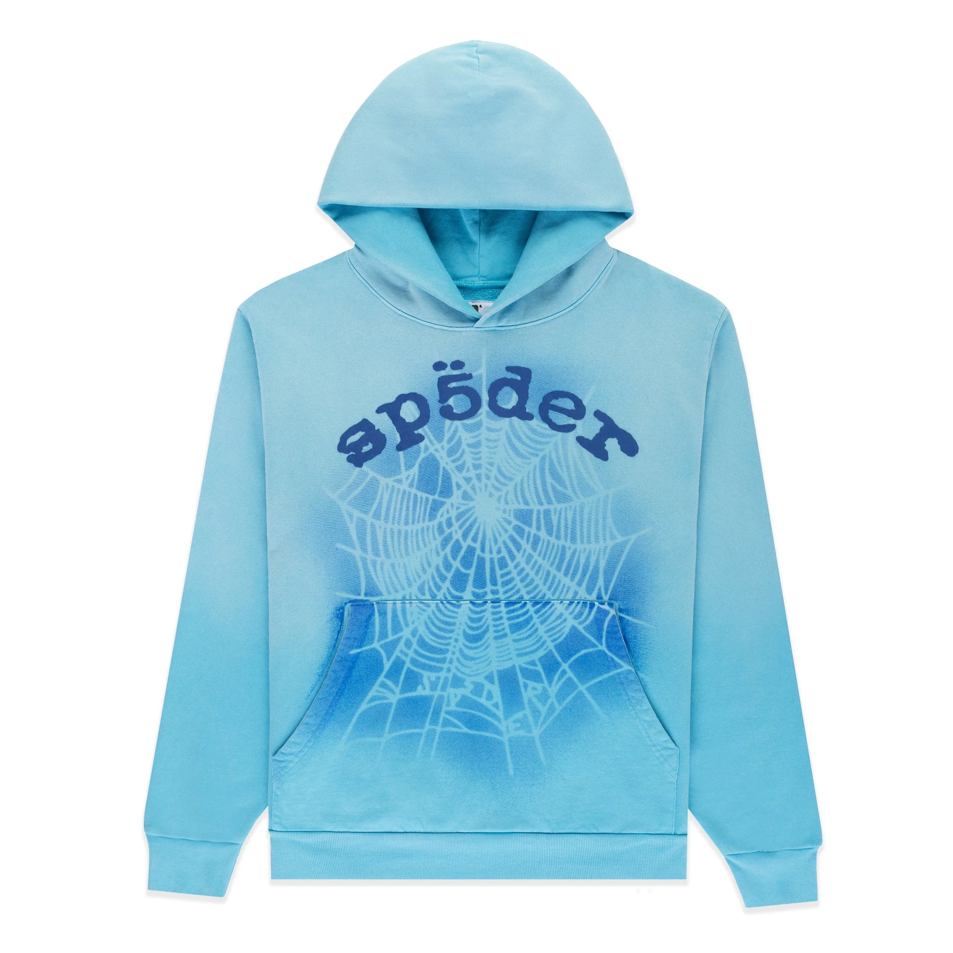 Light blue Sp5der OG Web V2 Spray Hoodie set with spiderweb spray design on front and legs
