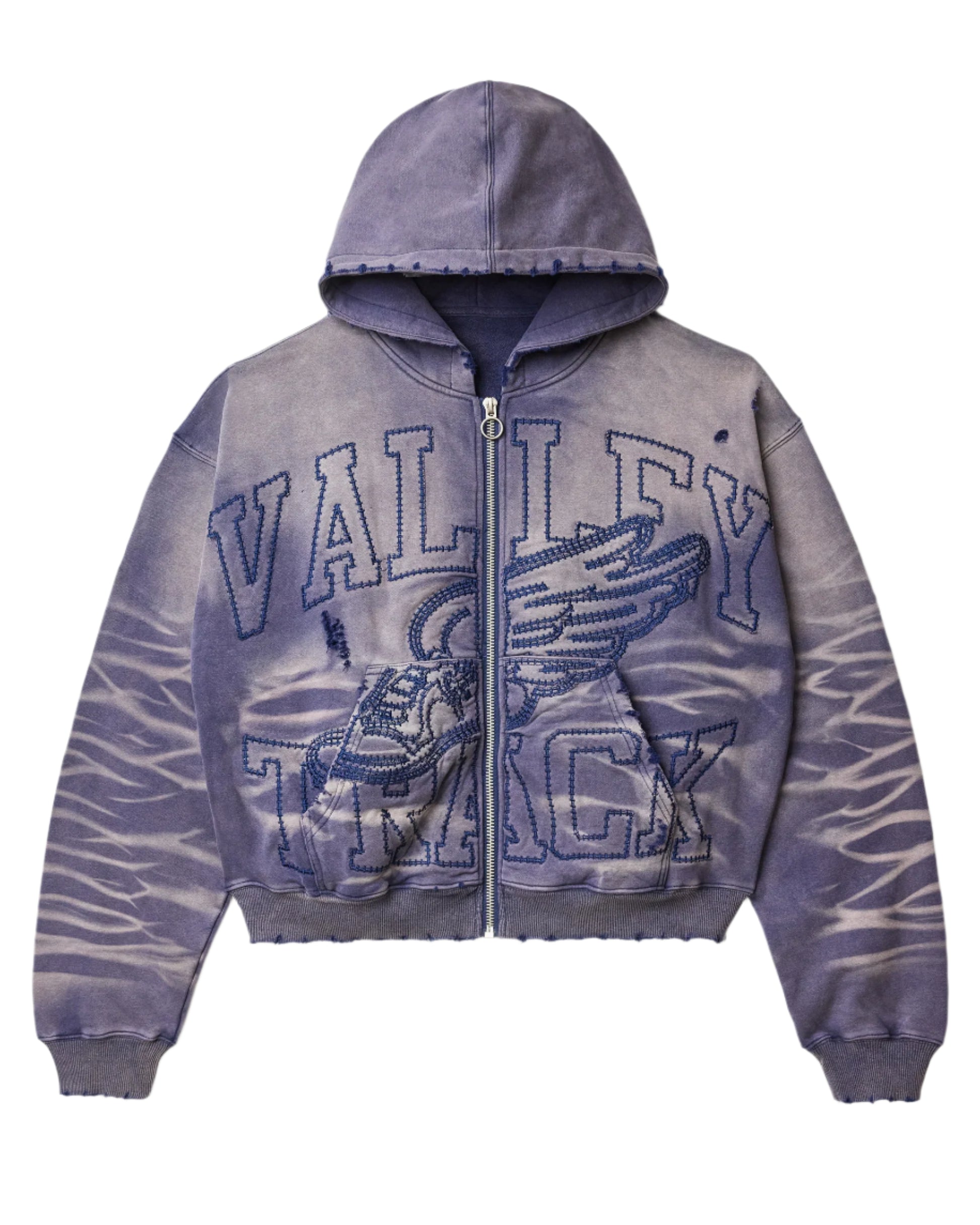 Washed purple Vale Forever Typhoon Garden Zip-Up Hoodie featuring "Valley Track" chenille embroidery and winged shoe graphic on front