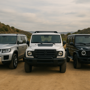 Three off-road SUVs—a silver Land Rover Defender, a white Ineos Grenadier, and a black Mercedes-Benz G-Class—are parked side by side on a dirt trail in a rugged, hilly landscape under a cloudy sky. The image showcases their distinct front-end designs and rugged builds
