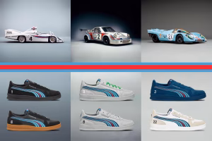A sleek Porsche x MARTINI Racing shoes featuring iconic blue and red stripes on a white base, with premium leather and mesh detailing, designed to evoke classic motorsport liveries