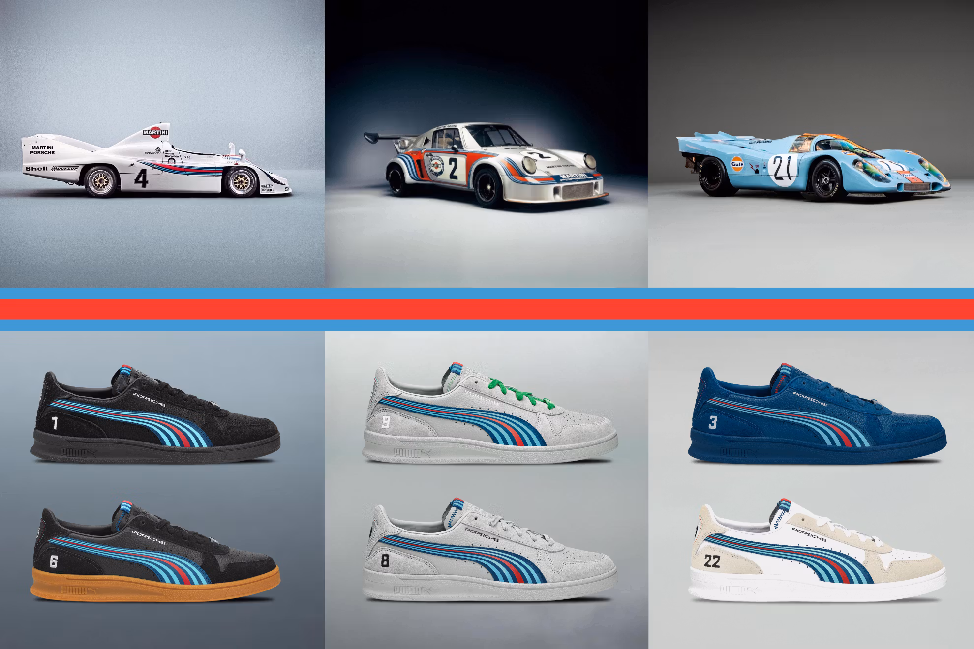 A sleek Porsche x MARTINI Racing shoes featuring iconic blue and red stripes on a white base, with premium leather and mesh detailing, designed to evoke classic motorsport liveries