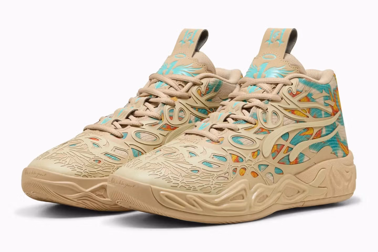 LaMelo Ball wearing the PUMA MB.04 'Flare' basketball shoe featuring a soft, cloud-like colorway and modern design details