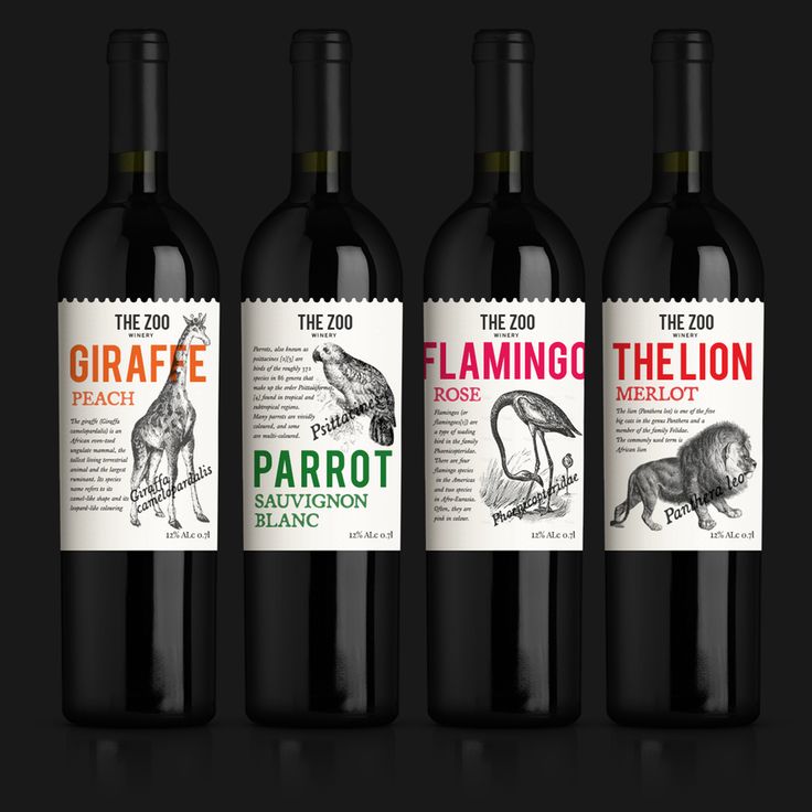 A lineup of four wine bottles from 'The Zoo Winery' featuring animal-themed labels: Giraffe Peach, Parrot Sauvignon Blanc, Flamingo Rosé, and The Lion Merlot, each illustrated with detailed animal drawings