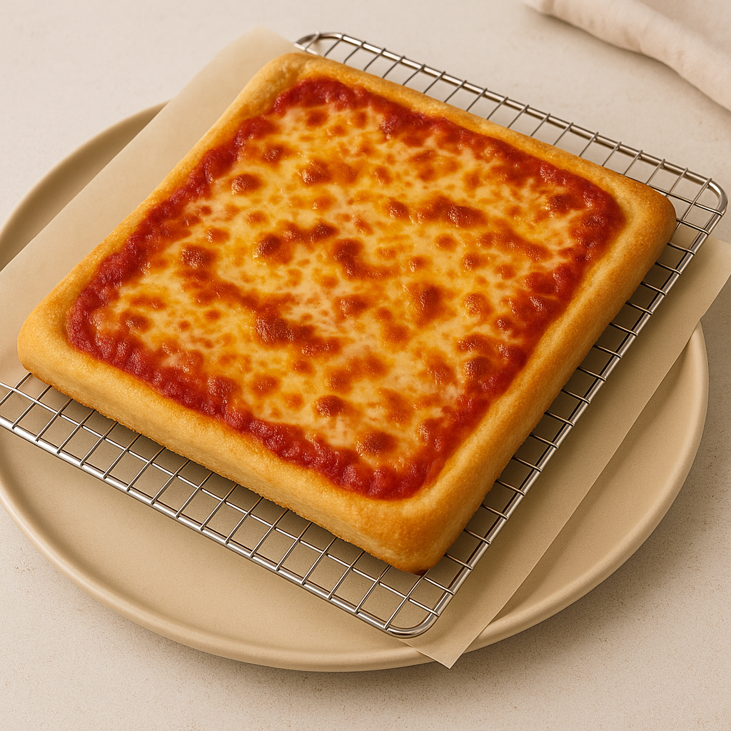 Homemade rectangular school cafeteria pizza on a tray, with gooey cheese and sweet tomato sauce, evoking 80s & 90s nostalgia