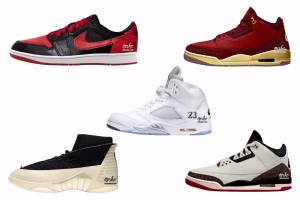 Speculative mockup featuring five upcoming Air Jordan sneakers for summer 2026, including AJ1 Low ‘Banned’, two AJ3s (‘World’s Best Dad’ and BIN 23), AJ5 ‘White Metallic’, and AJ15 23RE, highlighting design and colorway details on a clean backdrop