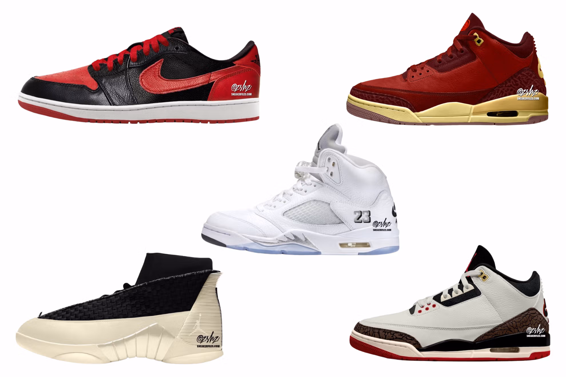 Speculative mockup featuring five upcoming Air Jordan sneakers for summer 2026, including AJ1 Low ‘Banned’, two AJ3s (‘World’s Best Dad’ and BIN 23), AJ5 ‘White Metallic’, and AJ15 23RE, highlighting design and colorway details on a clean backdrop