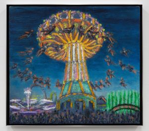 Jane Dickson’s painting “Wonder Wheel,” depicting a glowing carnival ride at night with ghostly figures and neon colors