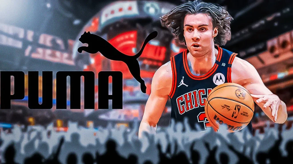 Josh Giddey in a dynamic Bulls-era graphic with the PUMA logo subtly integrated—symbolizing the new partnership
