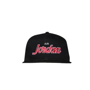 Black Air Jordan Structured Hat with red and white embroidered "Air Jordan" script on front, flat bill, and structured crown
