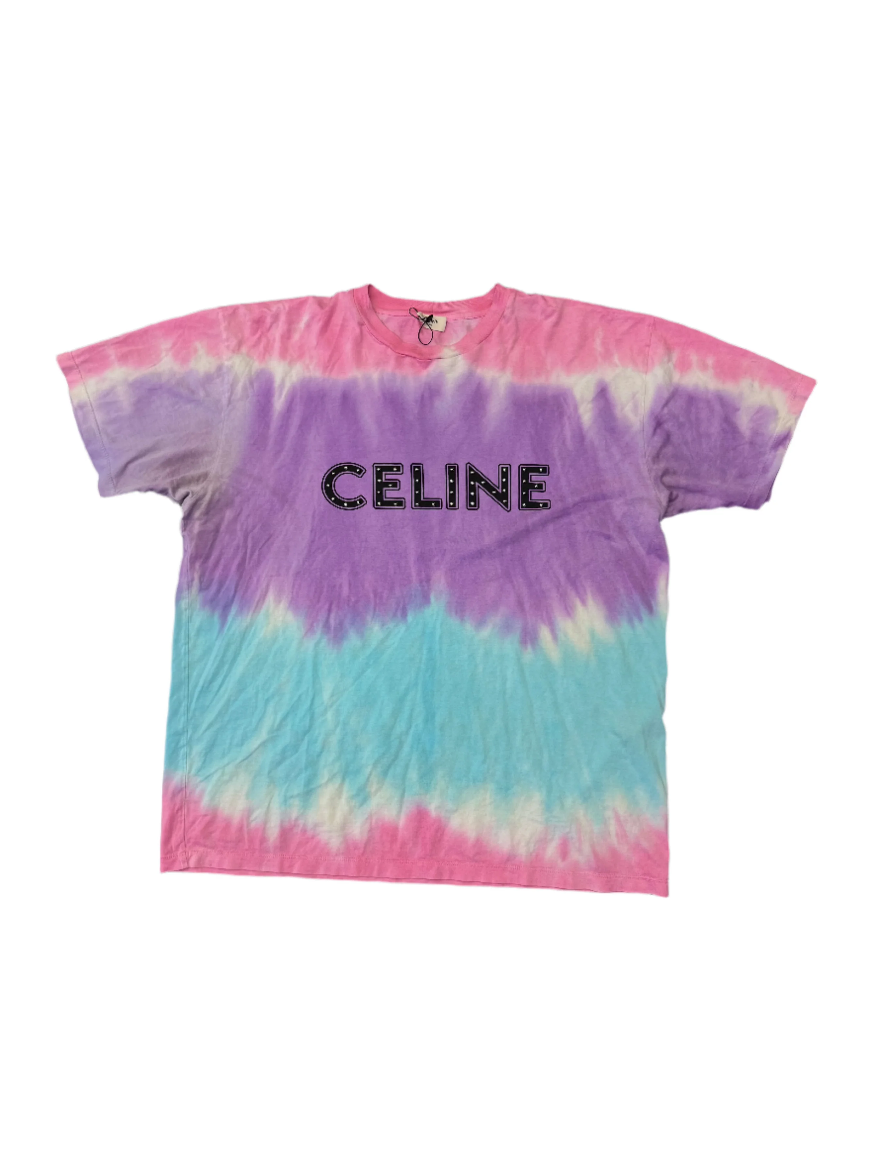 A tie-dye T-shirt in shades of pink, purple, and blue with the word "CELINE" in bold black letters on the chest