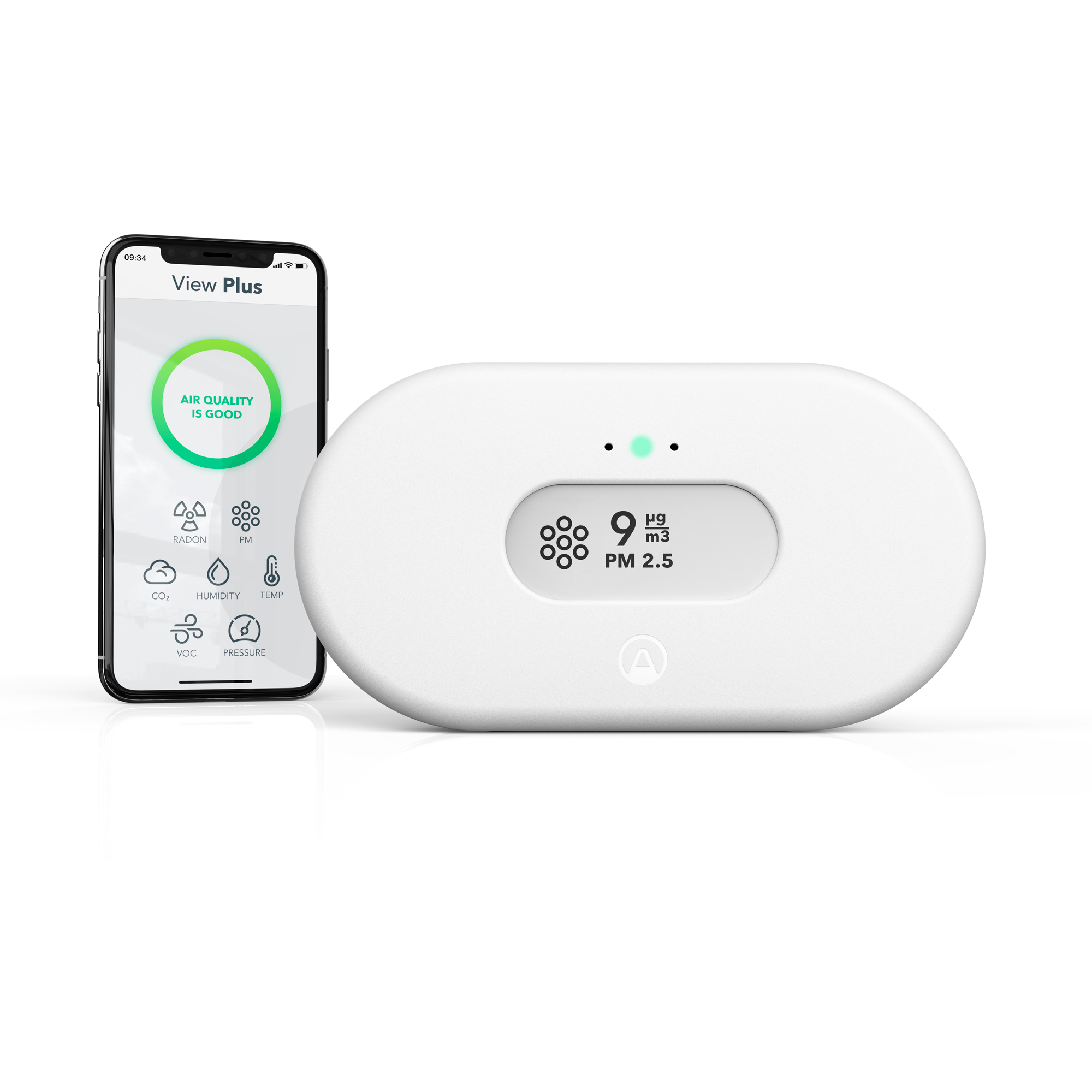 Airthings View Plus indoor air quality monitor with e-ink display showing PM2.5, CO₂, and radon levels, placed in a modern home