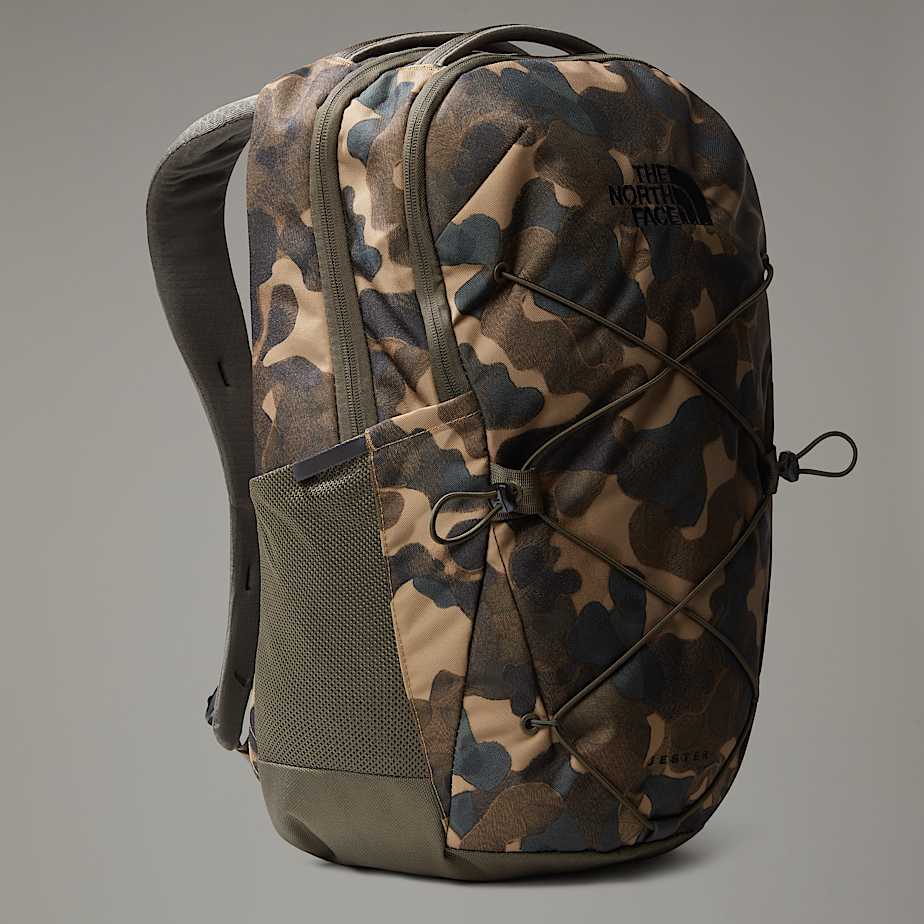 Front view of The North Face Jester Backpack in Black Camo/Black featuring signature bungee system and modern camo pattern