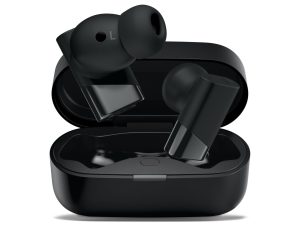 Status Audio Pro X true wireless earbuds featuring a sleek matte finish, shown next to charging case, highlighting hybrid driver technology