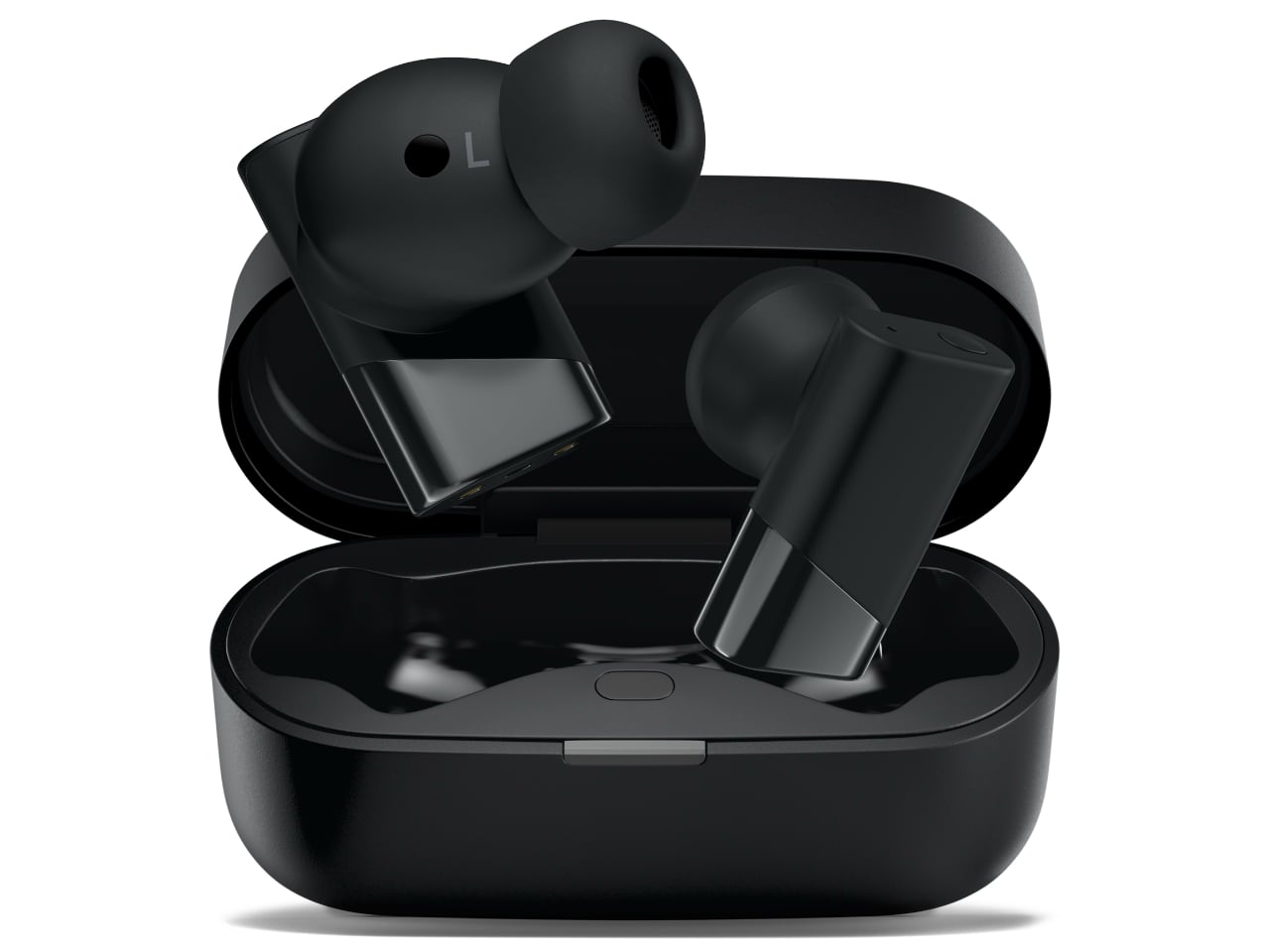 Status Audio Pro X true wireless earbuds featuring a sleek matte finish, shown next to charging case, highlighting hybrid driver technology