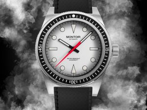 Front view of the Montoir MWMOD-01 V2 watch, featuring a white dial with black markers, bold red seconds hand, and a black dive bezel, emphasizing Swiss-made precision