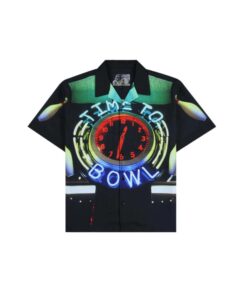Model wearing Pleasures “Time to Bowl” shirt, showcasing retro bowling-inspired graphics and camp collar design