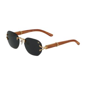 side view: Vintage Frames V-Decor XL Woods Rimless Drill Mount sunglasses featuring 24KT gold accents and wooden temples, black lenses