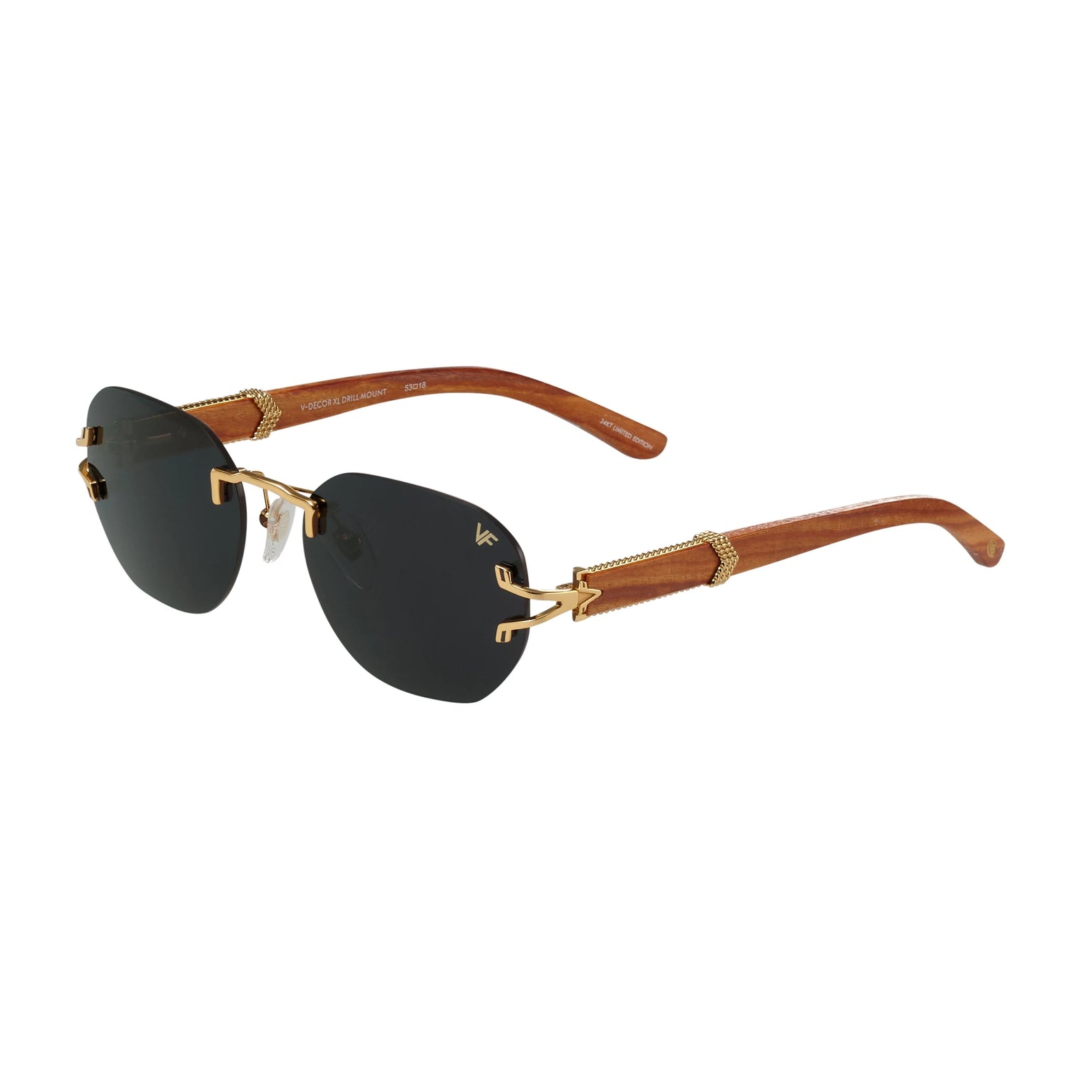 side view: Vintage Frames V-Decor XL Woods Rimless Drill Mount sunglasses featuring 24KT gold accents and wooden temples, black lenses