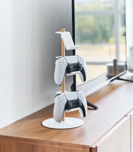 Yamazaki Home Controller Stand Steel-Wood featuring sleek steel frame and warm wooden accents, displayed on a desk
