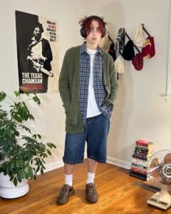 Model wearing Peter Wu Spring/Summer 2026 Simon Shirt and Campus Chino Shorts, styled with nostalgic, lived-in comfort aesthetic