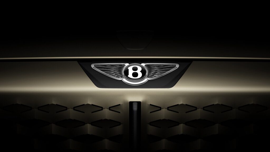 The new simplified Bentley Winged B logo design, showcasing modern flat lines and horizontal wings for 2025 concept cars