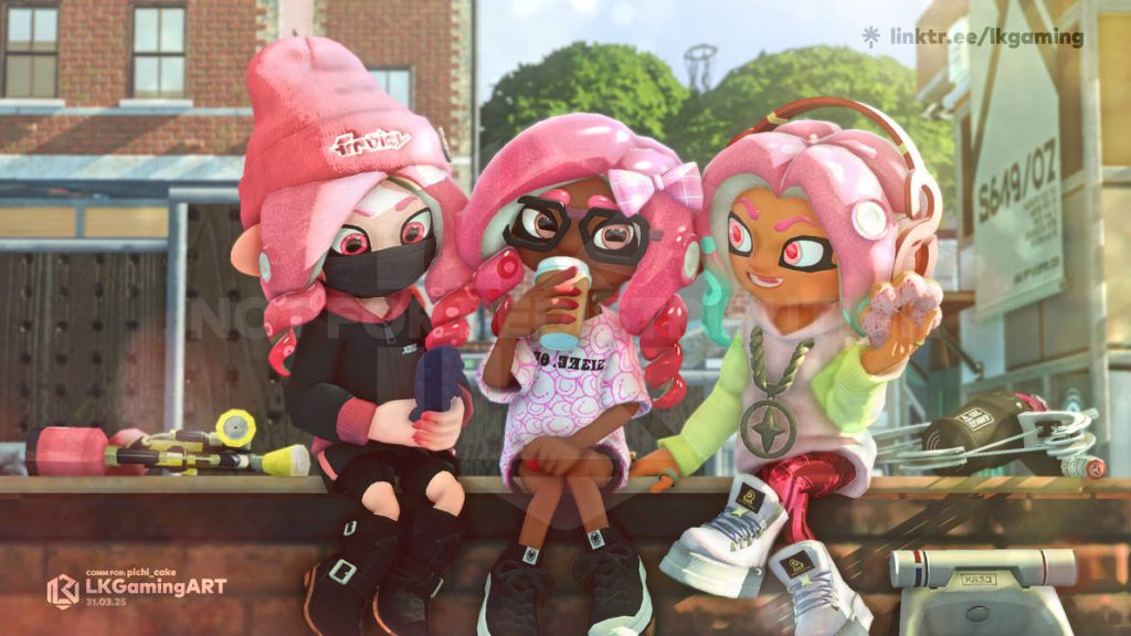 Three pink-haired Veemo characters from Splatoon sharing snacks and drinks on a city ledge in detailed digital fan art by LKGamingART