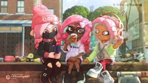 Three pink-haired Veemo characters from Splatoon sharing snacks and drinks on a city ledge in detailed digital fan art by LKGamingART