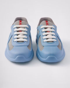 Prada America's Cup Soft Rubber and Bike Fabric Shoes in sleek gray and white, side view on minimalist studio background