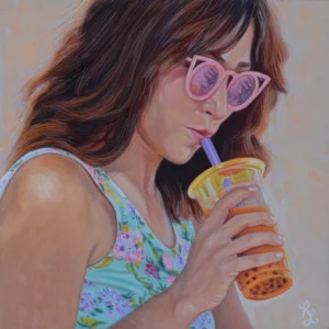 Rachel Linnemeier’s painting "Sip" (2019), depicting a young woman in floral top sipping bubble tea through a purple straw