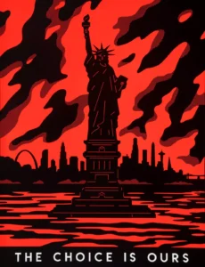 Cleon Peterson’s 2020 artwork The Choice Is Ours showing silhouetted figures in chaotic conflict, symbolic of social violence