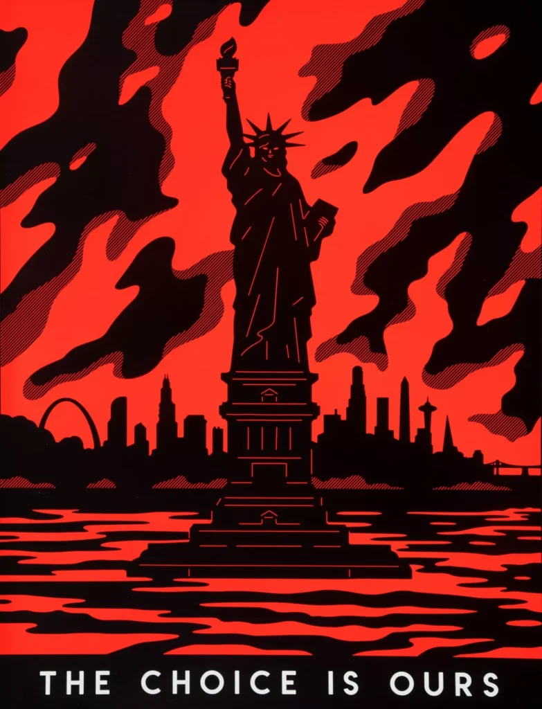 Cleon Peterson’s 2020 artwork The Choice Is Ours showing silhouetted figures in chaotic conflict, symbolic of social violence