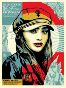 Shepard Fairey screenprint titled "The Future is Equal" from 2022, showing a stylized female figure and equality motif