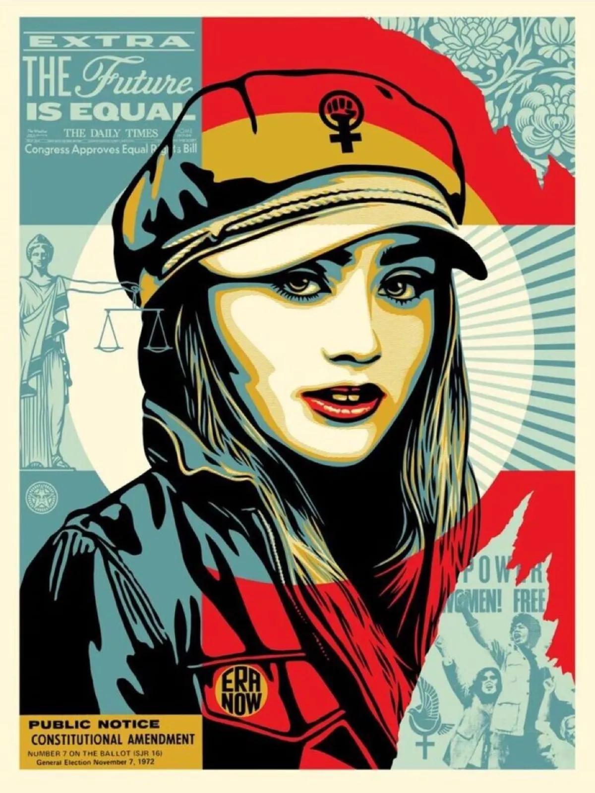 Shepard Fairey screenprint titled "The Future is Equal" from 2022, showing a stylized female figure and equality motif
