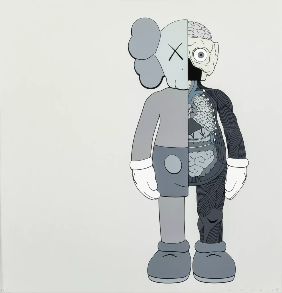 Kaws’ Dissected Companion (Grey), 2006, showing a cartoon figure vertically split to reveal stylized anatomical details on one side and a smooth grey exterior on the other, set against a minimalist white background