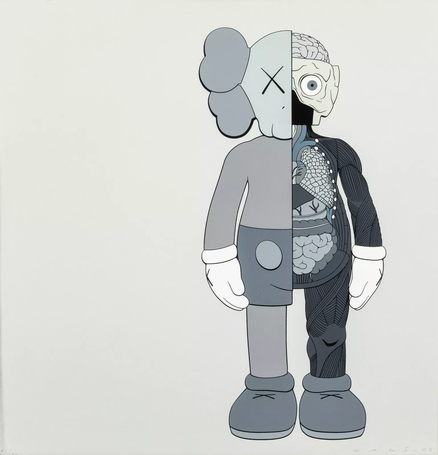 Kaws’ Dissected Companion (Grey), 2006, showing a cartoon figure vertically split to reveal stylized anatomical details on one side and a smooth grey exterior on the other, set against a minimalist white background