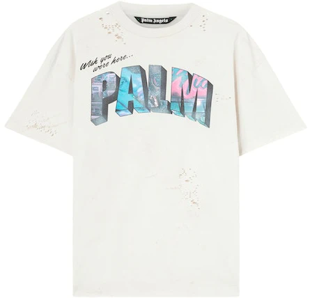 Palm Angels Palm Sign Print T-Shirt in Off White/Multi with large pastel “PALM” graphic and distressed vintage detailing