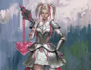 A digital fantasy illustration of a female knight wearing ornate silver armor adorned with pink ribbons and accents, holding a spiked, heart-shaped pink flail attached to a matching chain. She has blonde pigtails tied with pink bows and stands against a soft, dreamy painted background in pastel blue, pink, and green hues