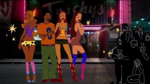 nimated artwork inspired by Flo and Kaytranada's collab, showing stylish cartoon characters in bold nightlife outfits outside a neon-lit club, evoking the confident, cool vibe of their track 'The Mood'