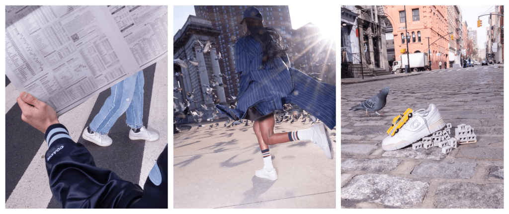 Three editorial-style images showcasing Coach’s NYC-inspired Soho sneakers: on the left, a person in light-wash jeans and a Coach jacket walks across a crosswalk while reading a newspaper; in the center, a woman in a blue pinstripe coat and striped socks runs through a city square with pigeons flying around; on the right, a white Soho sneaker rests on a cobblestone street, decorated with a toy yellow taxi and miniature concrete blocks, with a pigeon nearby — all evoking energetic New York street life