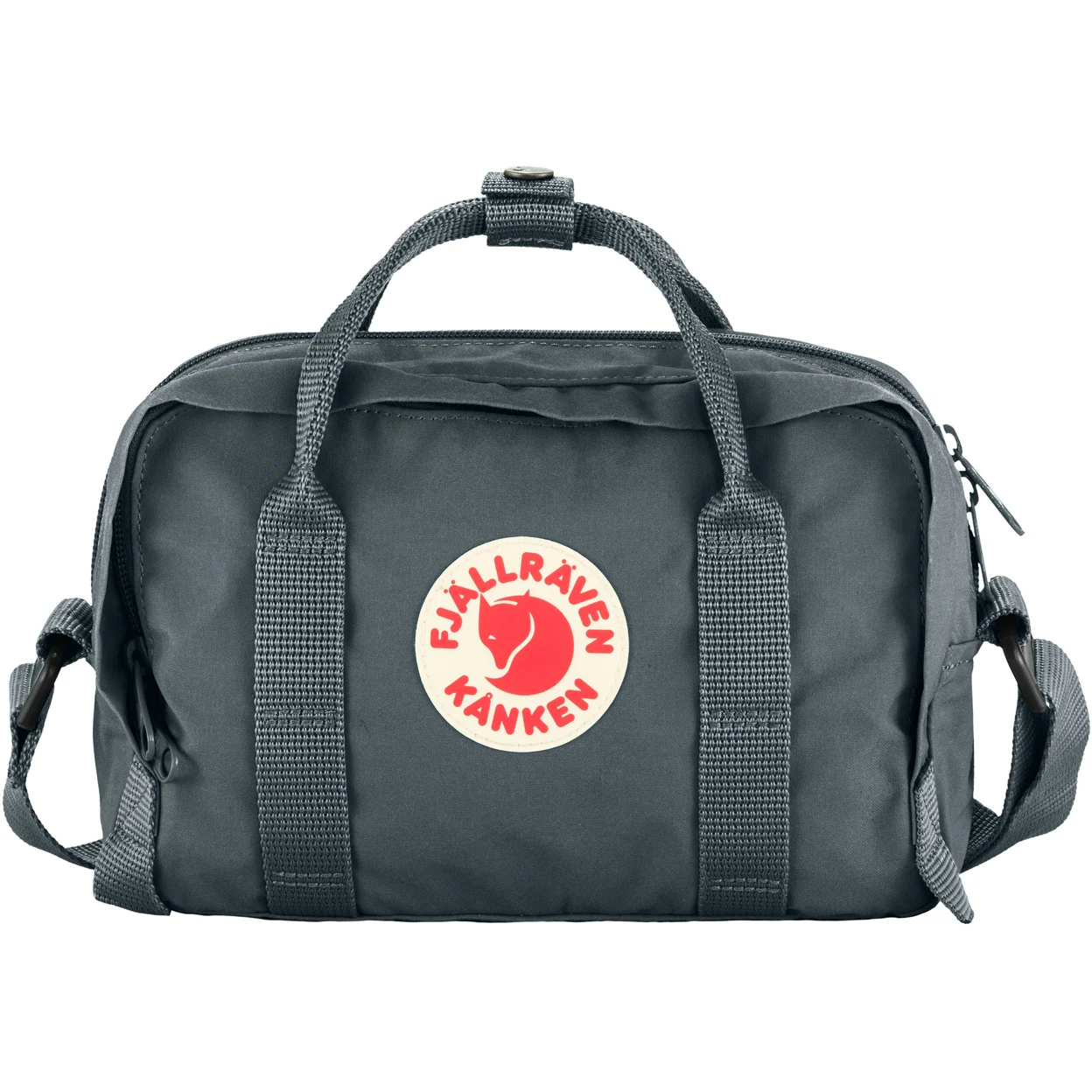 A dark grey Fjällräven Kånken Hip Pack Plus with top handles, an adjustable shoulder/waist strap, and the signature red fox circular logo on the front