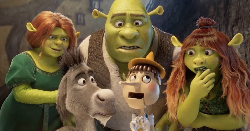 Shrek, Fiona, Donkey, Pinocchio, and a surprised young female ogre stand together indoors, all looking shocked or curious in a detailed animated scene from Shrek 5