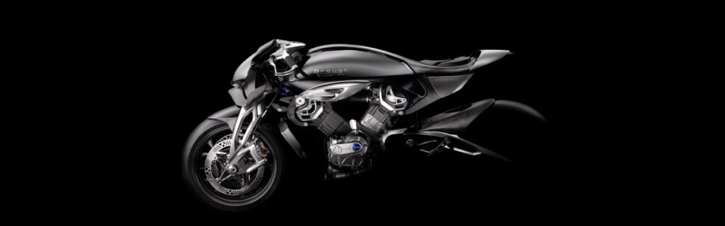 Richard Mille RMB01 superbike by Brough Superior, sleek aerodynamic profile with carbon and titanium accents, luxury mechanical detail
