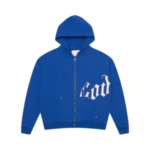 Godspeed OG Logo V2 Hoodie in cobalt blue with large white Old English "God" lettering outlined in black, full-zip front, kangaroo pocket