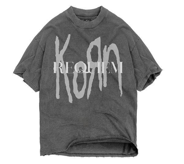 Grey acid wash T-shirt by Strata x Korn, featuring minimal front design and large Requiem album artwork