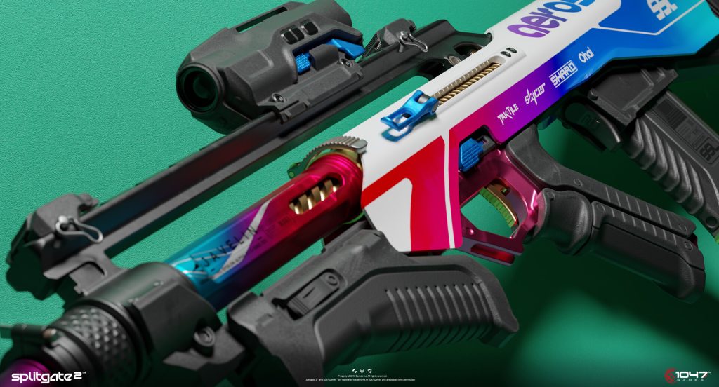 Concept art of futuristic SMG weapon designed by Sam White for Splitgate 2 Aeros faction, showcasing aerodynamic curves