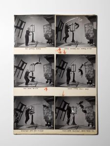 Contact sheet of Salvador Dalí’s photo shoot with Philippe Halsman, showing multiple failed attempts with flying cats and water splashes