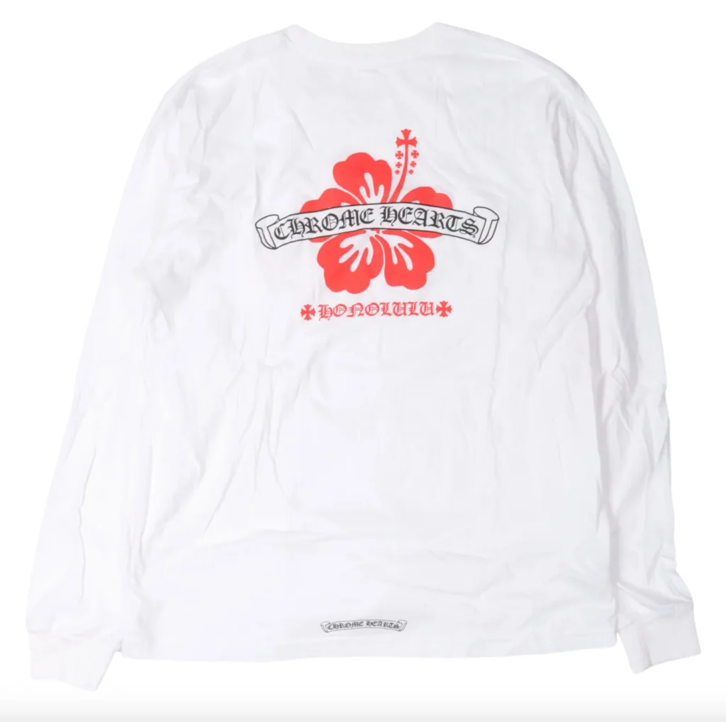Chrome Hearts Honolulu exclusive white long sleeve tee with red hibiscus flower back print and pocket cross detail